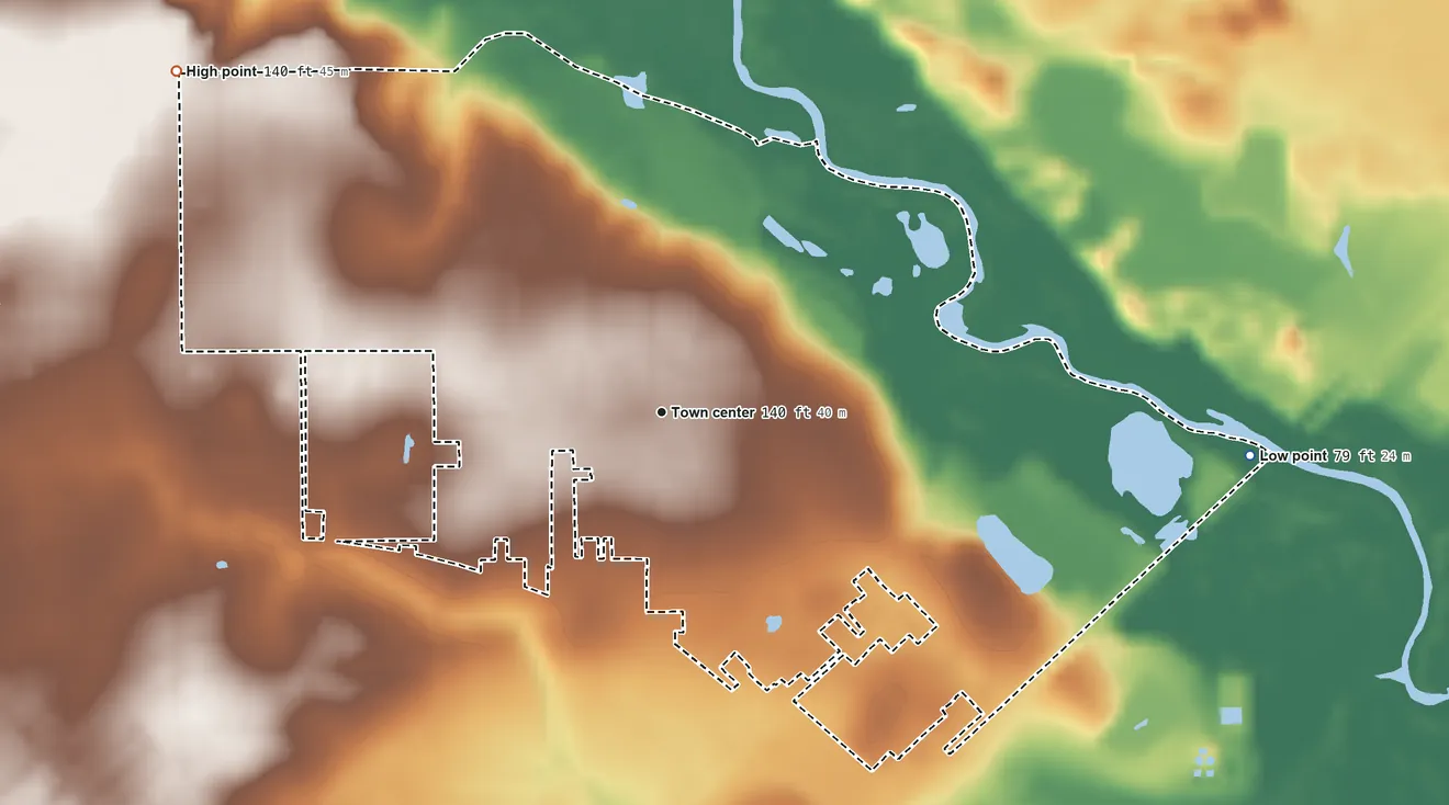 Topographic elevation map of Sunnyside, Georgia, shaded from 79 ft on the east side to 140 ft on the northwest side