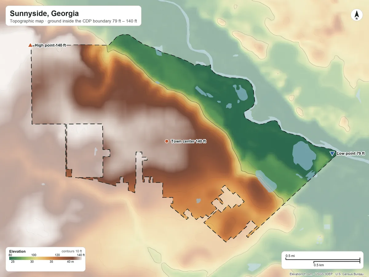 Topographic elevation map of Sunnyside, Georgia, shaded from 79 ft on the east side to 140 ft on the northwest side