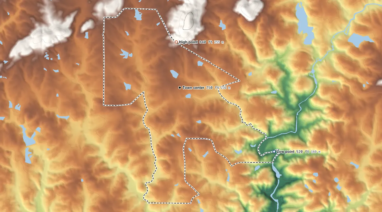 Topographic elevation map of Sunset Village, Georgia, shaded from 520 ft on the southeast side to 840 ft on the north side