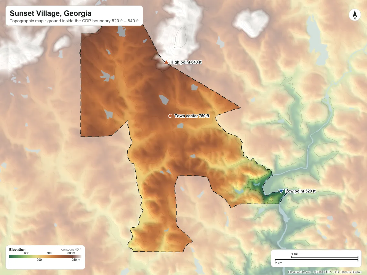Topographic elevation map of Sunset Village, Georgia, shaded from 520 ft on the southeast side to 840 ft on the north side