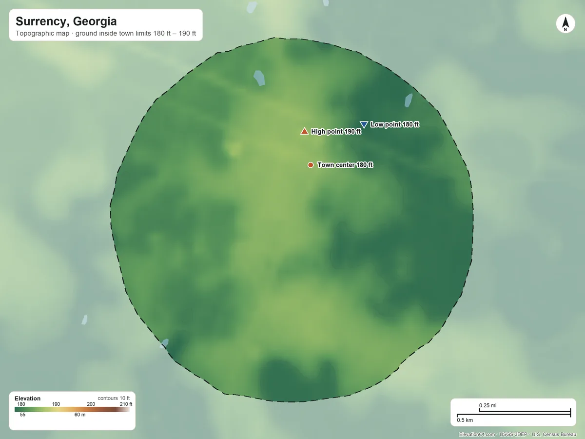 Topographic elevation map of Surrency, Georgia, shaded from 180 ft on the northeast side to 190 ft near the middle