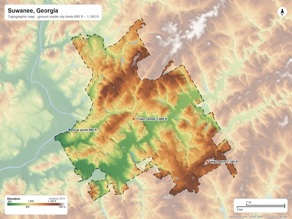 Topographic elevation map of Suwanee, Georgia, shaded from 890 ft on the west side to 1,160 ft on the southeast side