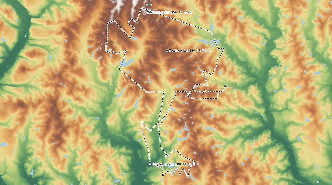 Topographic elevation map of Swainsboro, Georgia, shaded from 200 ft on the south side to 350 ft on the northwest side