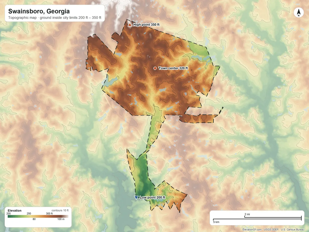 Topographic elevation map of Swainsboro, Georgia, shaded from 200 ft on the south side to 350 ft on the northwest side