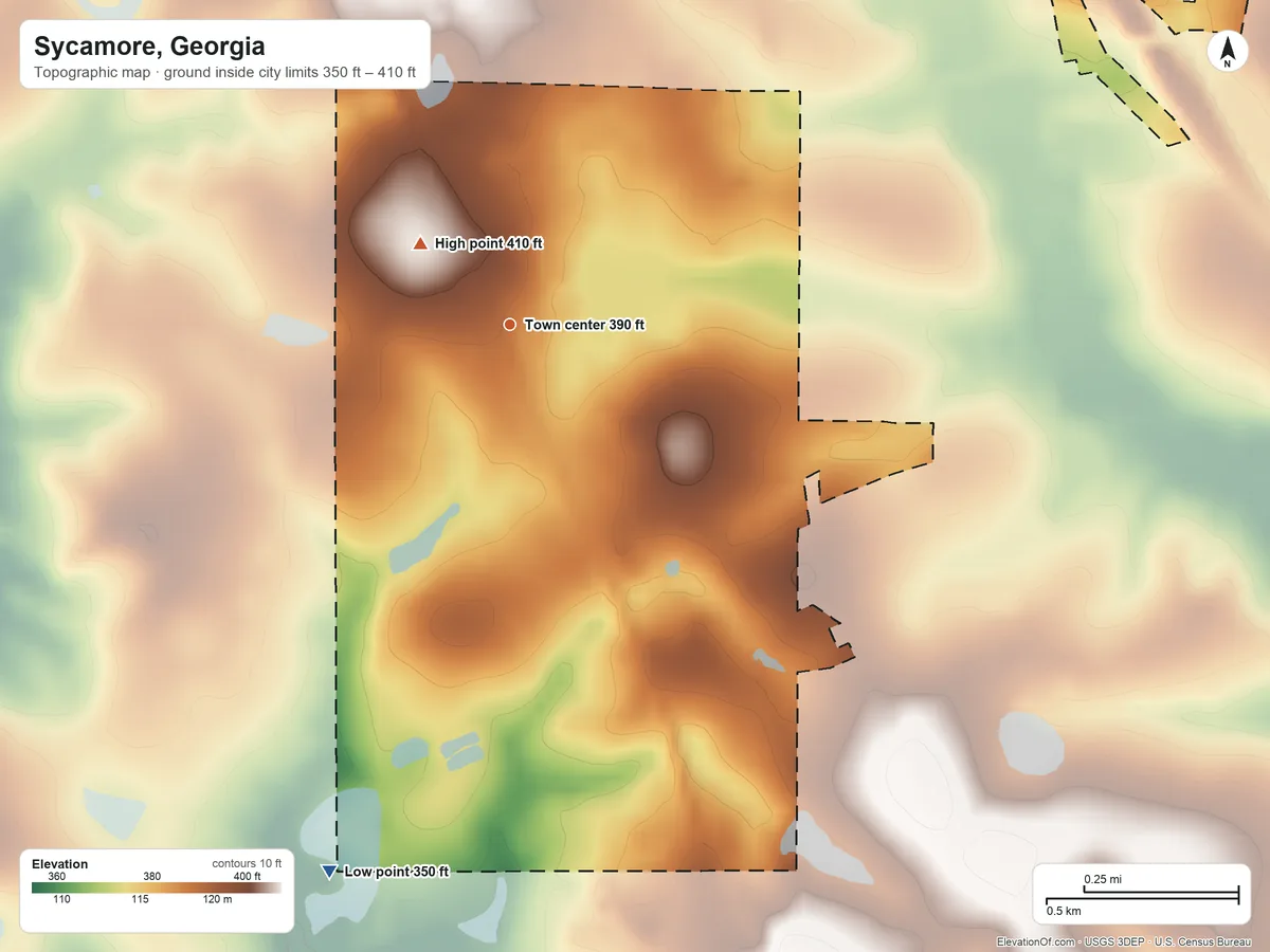 Topographic elevation map of Sycamore, Georgia, shaded from 350 ft on the south side to 410 ft on the northwest side
