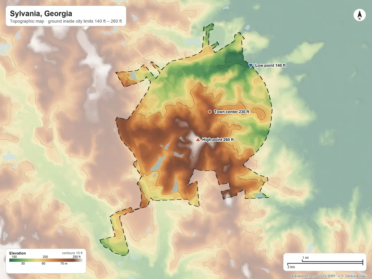 Topographic elevation map of Sylvania, Georgia, shaded from 140 ft on the northeast side to 260 ft on the southwest side