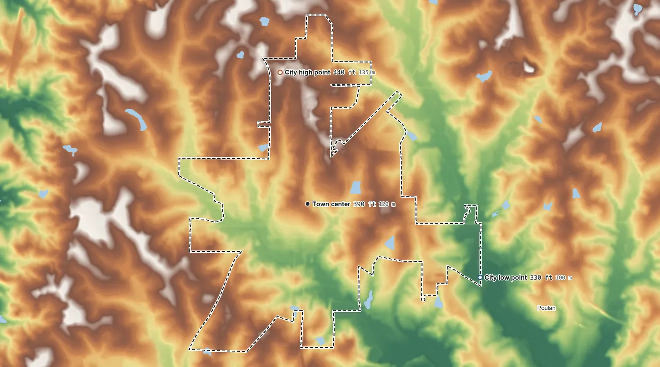 Topographic elevation map of Sylvester, Georgia, shaded from 330 ft on the southeast side to 440 ft on the north side