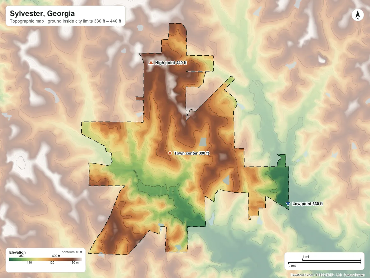 Topographic elevation map of Sylvester, Georgia, shaded from 330 ft on the southeast side to 440 ft on the north side