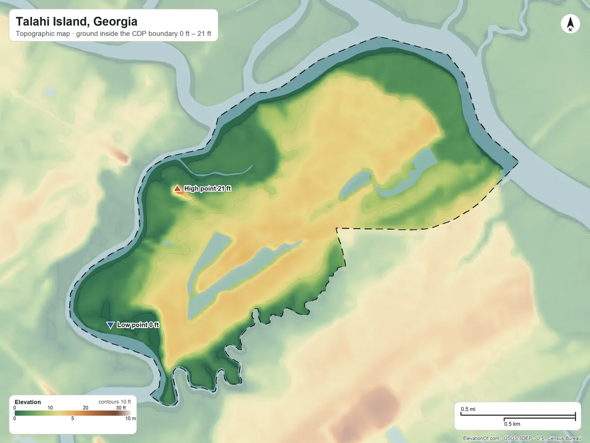 Topographic elevation map of Talahi Island, Georgia, shaded from 0 ft on the southwest side to 21 ft on the west side