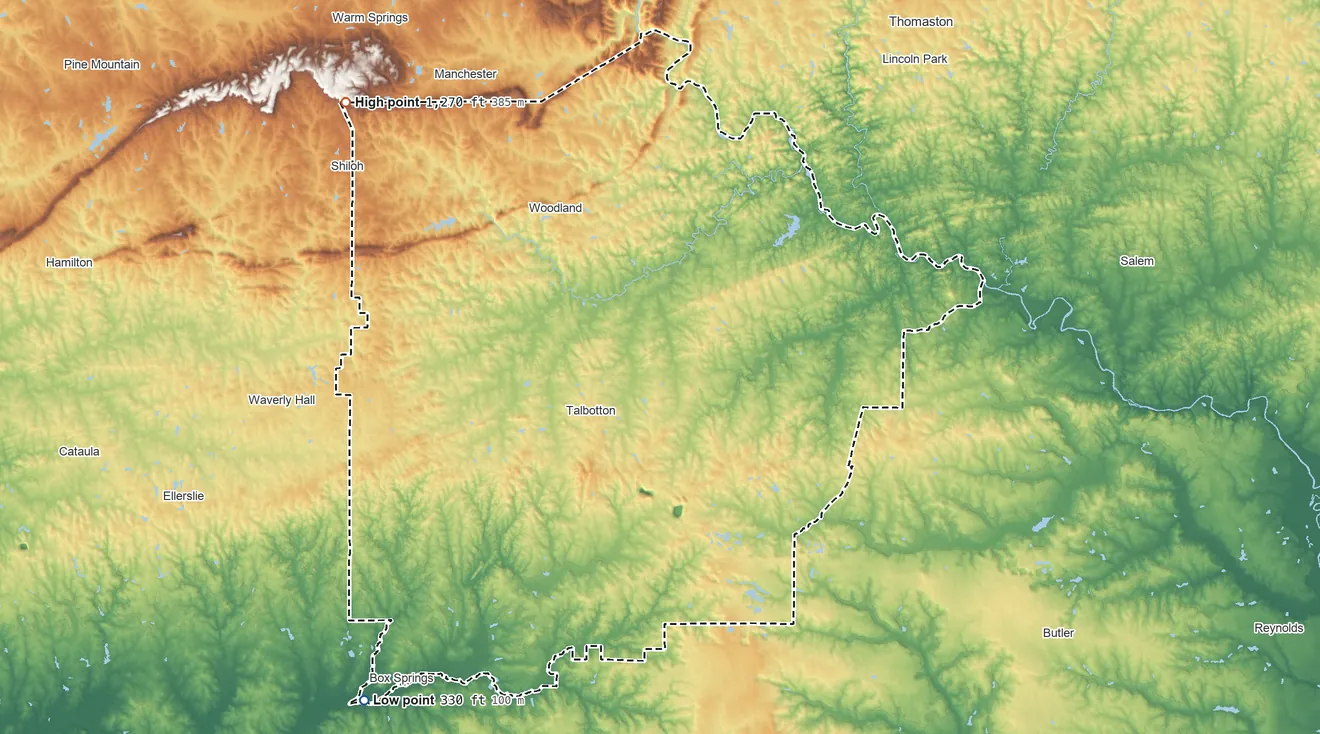 Topographic elevation map of Talbot County, Georgia, shaded from 330 ft on the southwest side to 1,270 ft on the northwest side