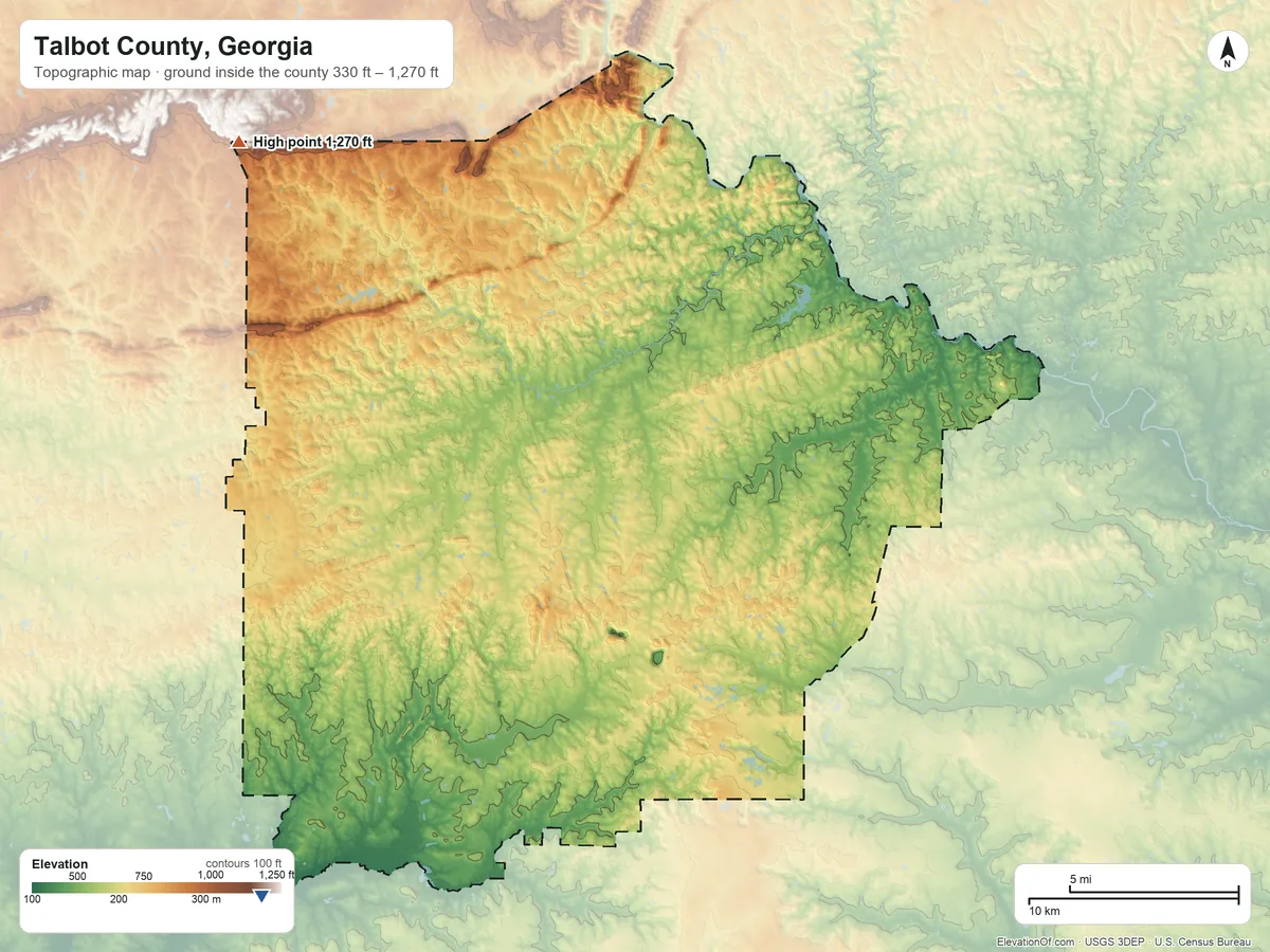 Topographic elevation map of Talbot County, Georgia, shaded from 330 ft on the southwest side to 1,270 ft on the northwest side