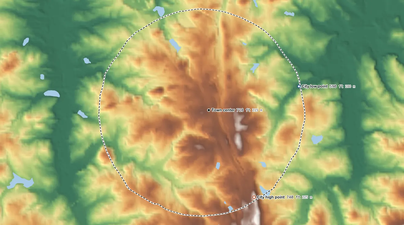 Topographic elevation map of Talbotton, Georgia, shaded from 590 ft on the east side to 740 ft on the southeast side