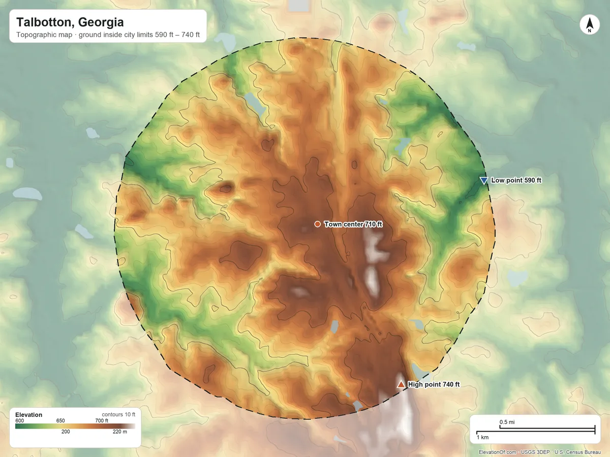 Topographic elevation map of Talbotton, Georgia, shaded from 590 ft on the east side to 740 ft on the southeast side