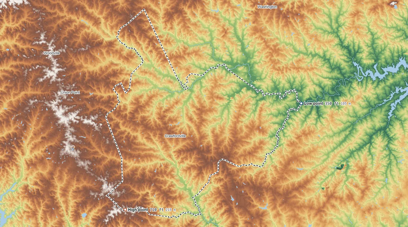 Topographic elevation map of Taliaferro County, Georgia, shaded from 350 ft on the east side to 710 ft on the southwest side