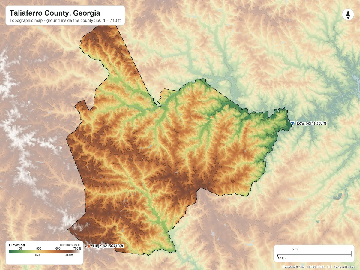 Topographic elevation map of Taliaferro County, Georgia, shaded from 350 ft on the east side to 710 ft on the southwest side