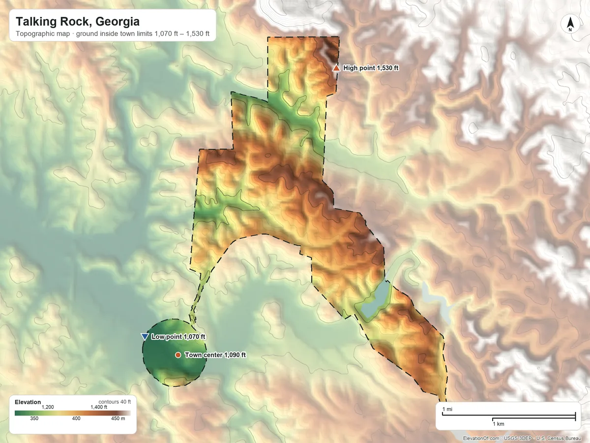 Topographic elevation map of Talking Rock, Georgia, shaded from 1,070 ft near the middle to 1,530 ft on the northeast side