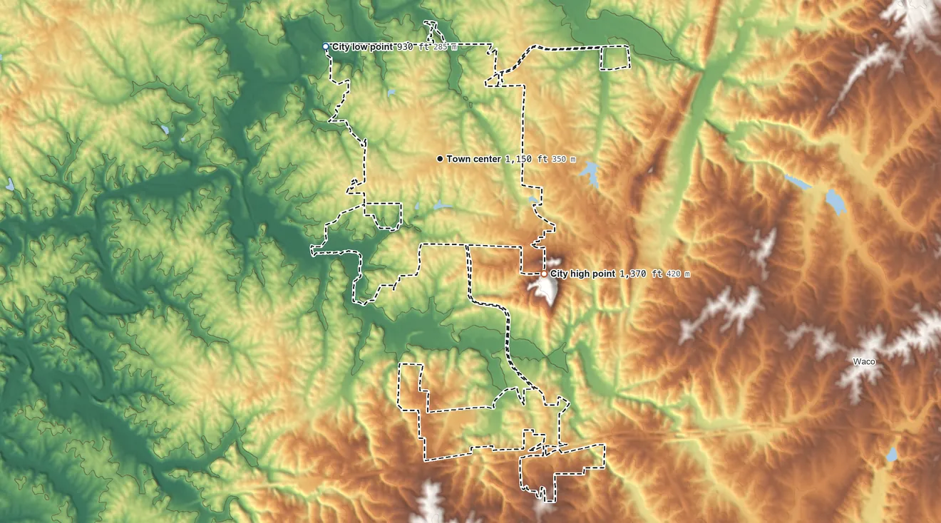 Topographic elevation map of Tallapoosa, Georgia, shaded from 930 ft on the northwest side to 1,370 ft on the southeast edge, below higher ground just outside
