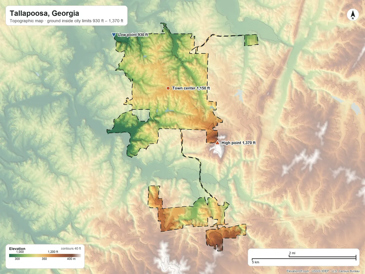 Topographic elevation map of Tallapoosa, Georgia, shaded from 930 ft on the northwest side to 1,370 ft on the southeast edge, below higher ground just outside