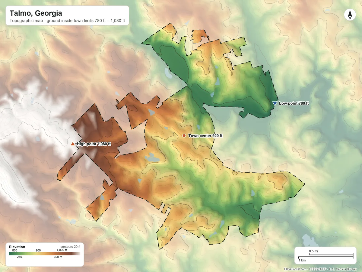 Topographic elevation map of Talmo, Georgia, shaded from 780 ft on the east side to 1,080 ft on the west side