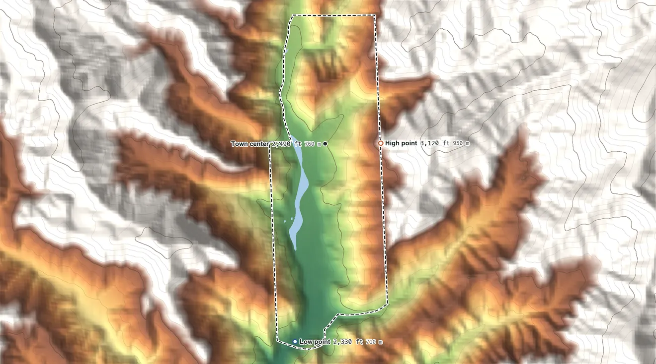 Topographic elevation map of Tate City, Georgia, shaded from 2,330 ft on the south side to 3,120 ft on the east edge, below higher ground just outside