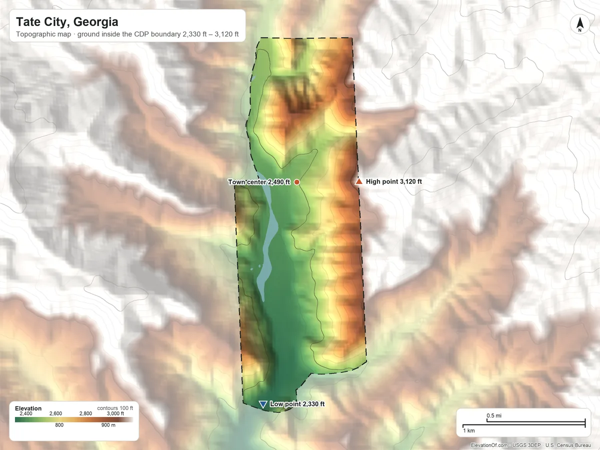 Topographic elevation map of Tate City, Georgia, shaded from 2,330 ft on the south side to 3,120 ft on the east edge, below higher ground just outside