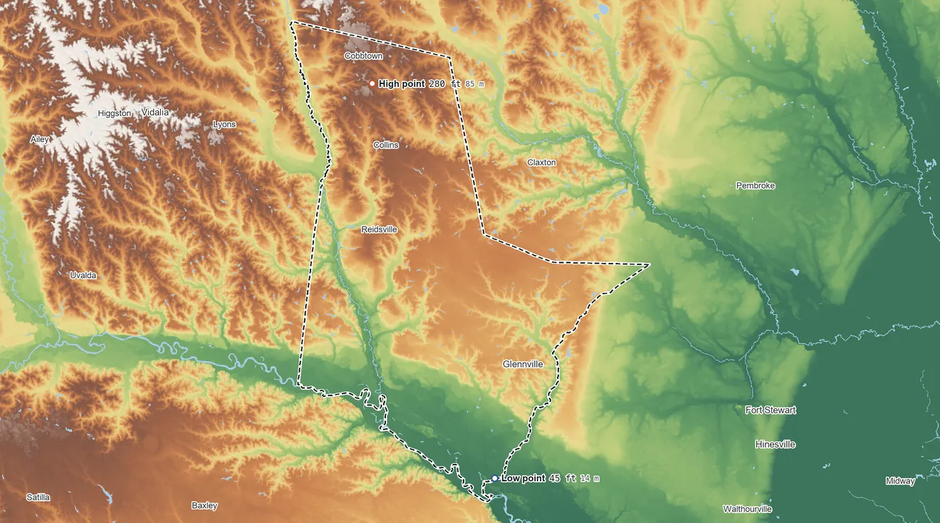 Topographic elevation map of Tattnall County, Georgia, shaded from 45 ft on the south side to 280 ft on the northwest side