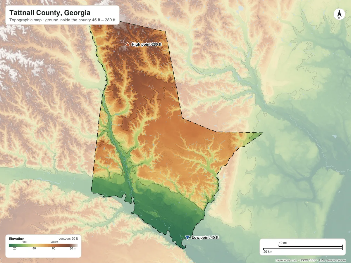 Topographic elevation map of Tattnall County, Georgia, shaded from 45 ft on the south side to 280 ft on the northwest side