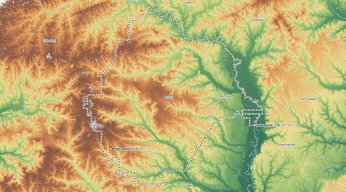 Topographic elevation map of Taylor County, Georgia, shaded from 290 ft on the east side to 810 ft on the southwest side