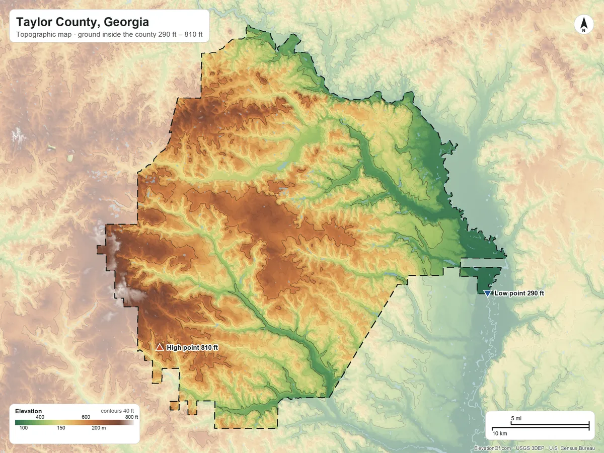 Topographic elevation map of Taylor County, Georgia, shaded from 290 ft on the east side to 810 ft on the southwest side