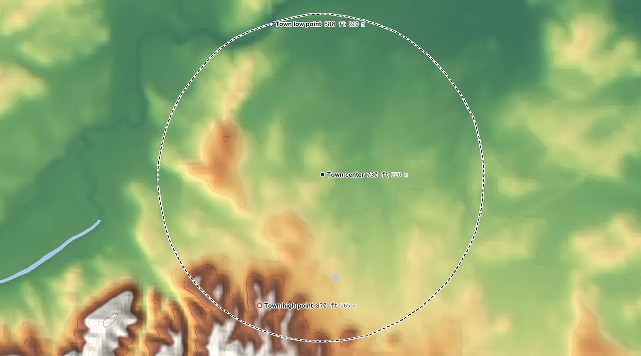 Topographic elevation map of Taylorsville, Georgia, shaded from 680 ft on the north side to 870 ft on the southwest side
