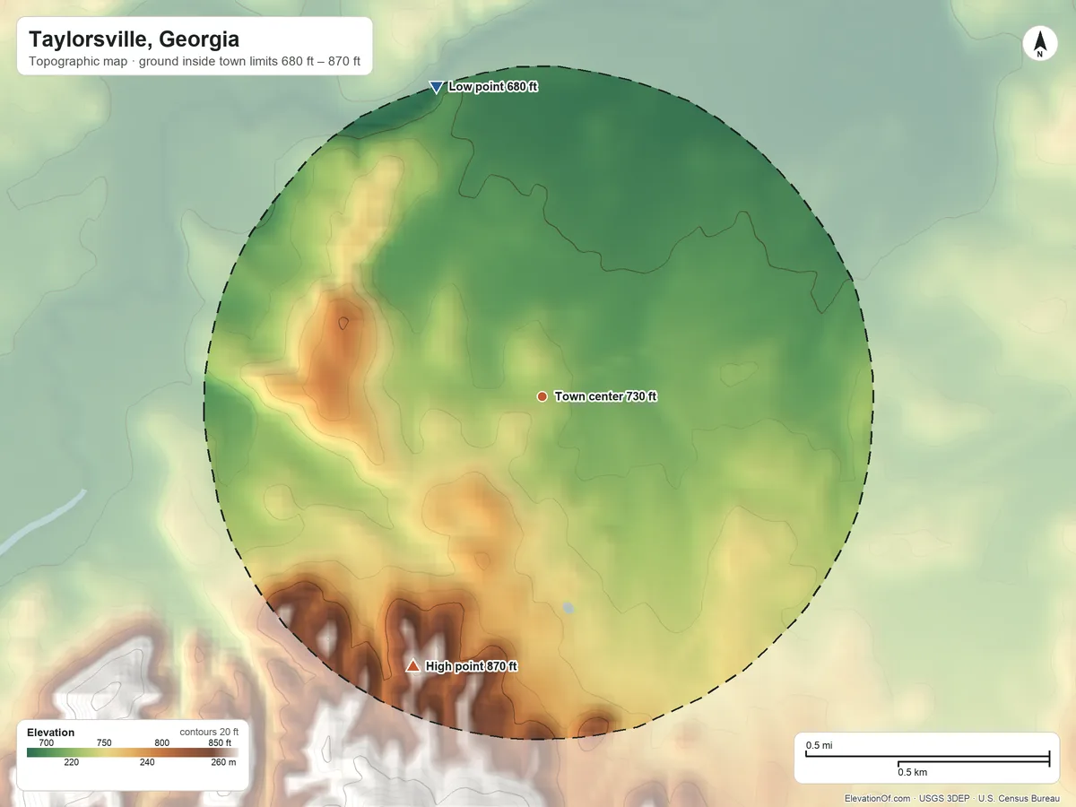 Topographic elevation map of Taylorsville, Georgia, shaded from 680 ft on the north side to 870 ft on the southwest side