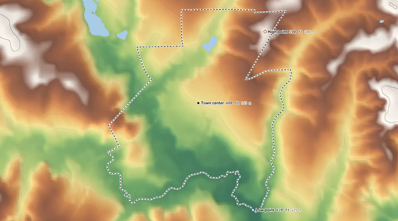 Topographic elevation map of Tazewell, Georgia, shaded from 420 ft on the southeast side to 590 ft on the northeast side