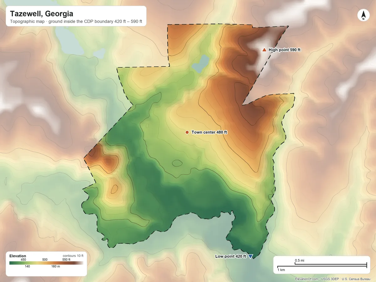 Topographic elevation map of Tazewell, Georgia, shaded from 420 ft on the southeast side to 590 ft on the northeast side