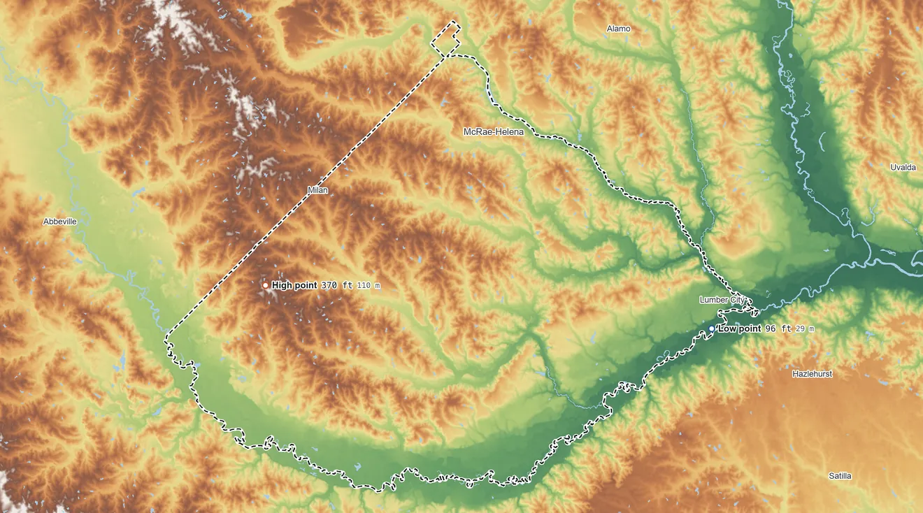 Topographic elevation map of Telfair County, Georgia, shaded from 96 ft on the east side to 370 ft on the west side