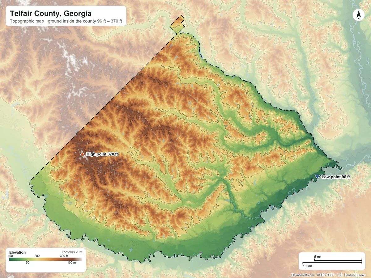 Topographic elevation map of Telfair County, Georgia, shaded from 96 ft on the east side to 370 ft on the west side
