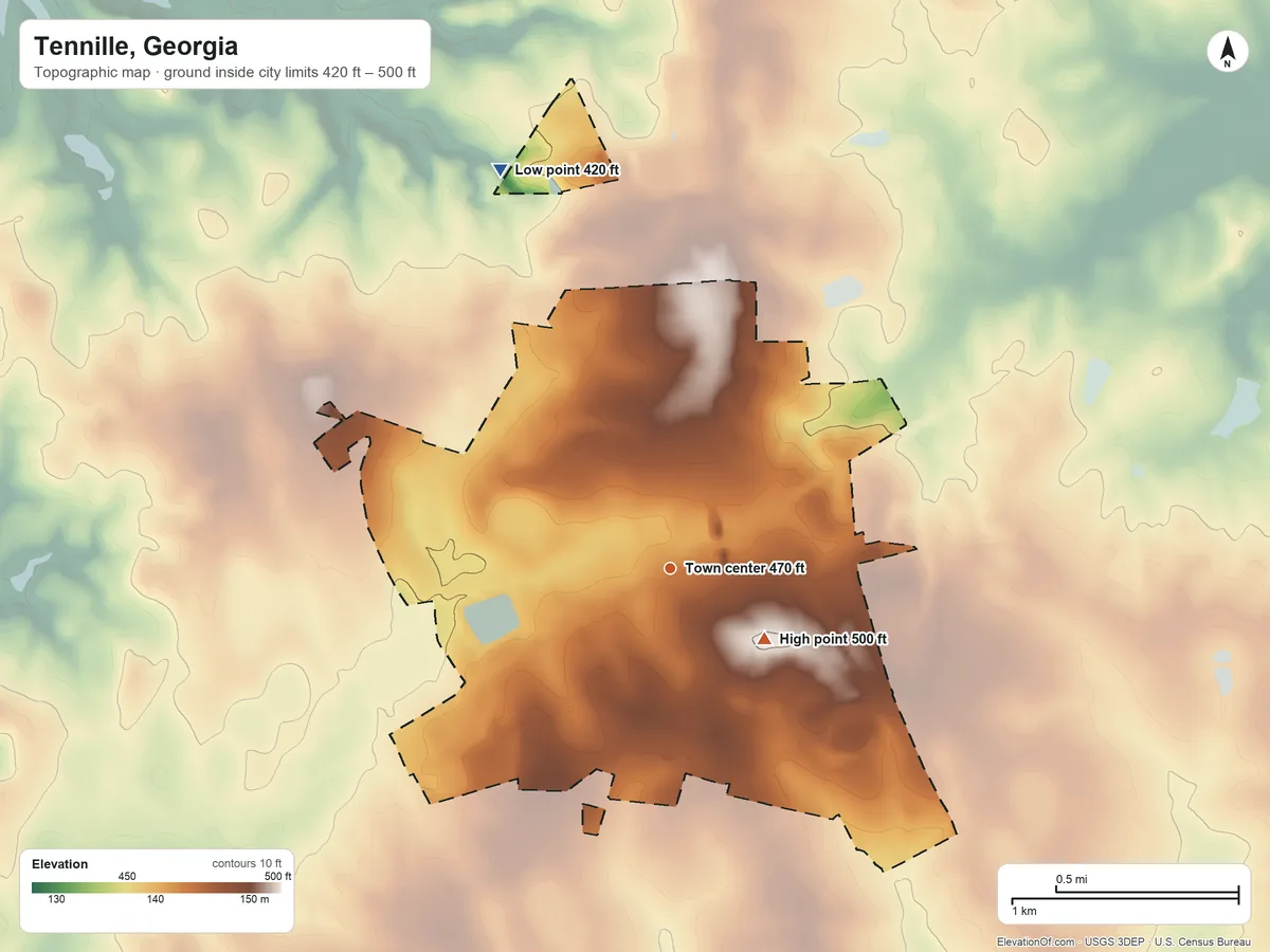 Topographic elevation map of Tennille, Georgia, shaded from 420 ft on the northwest side to 500 ft on the southeast side