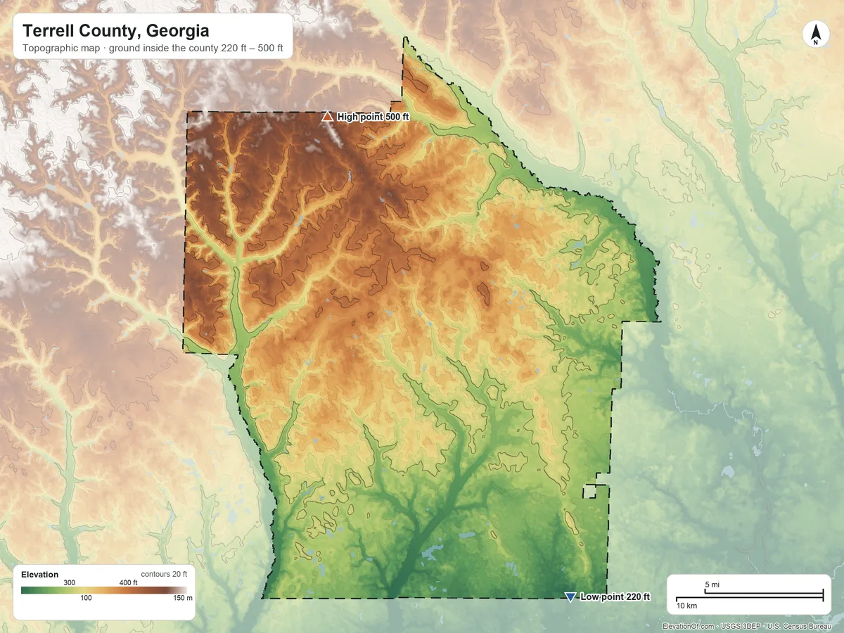 Topographic elevation map of Terrell County, Georgia, shaded from 220 ft on the southeast side to 500 ft on the northwest side
