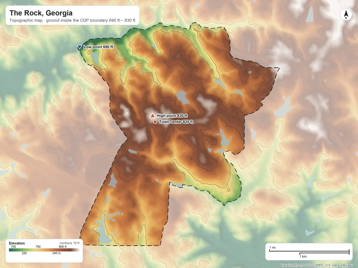 Topographic elevation map of The Rock, Georgia, shaded from 690 ft on the northwest side to 830 ft near the middle