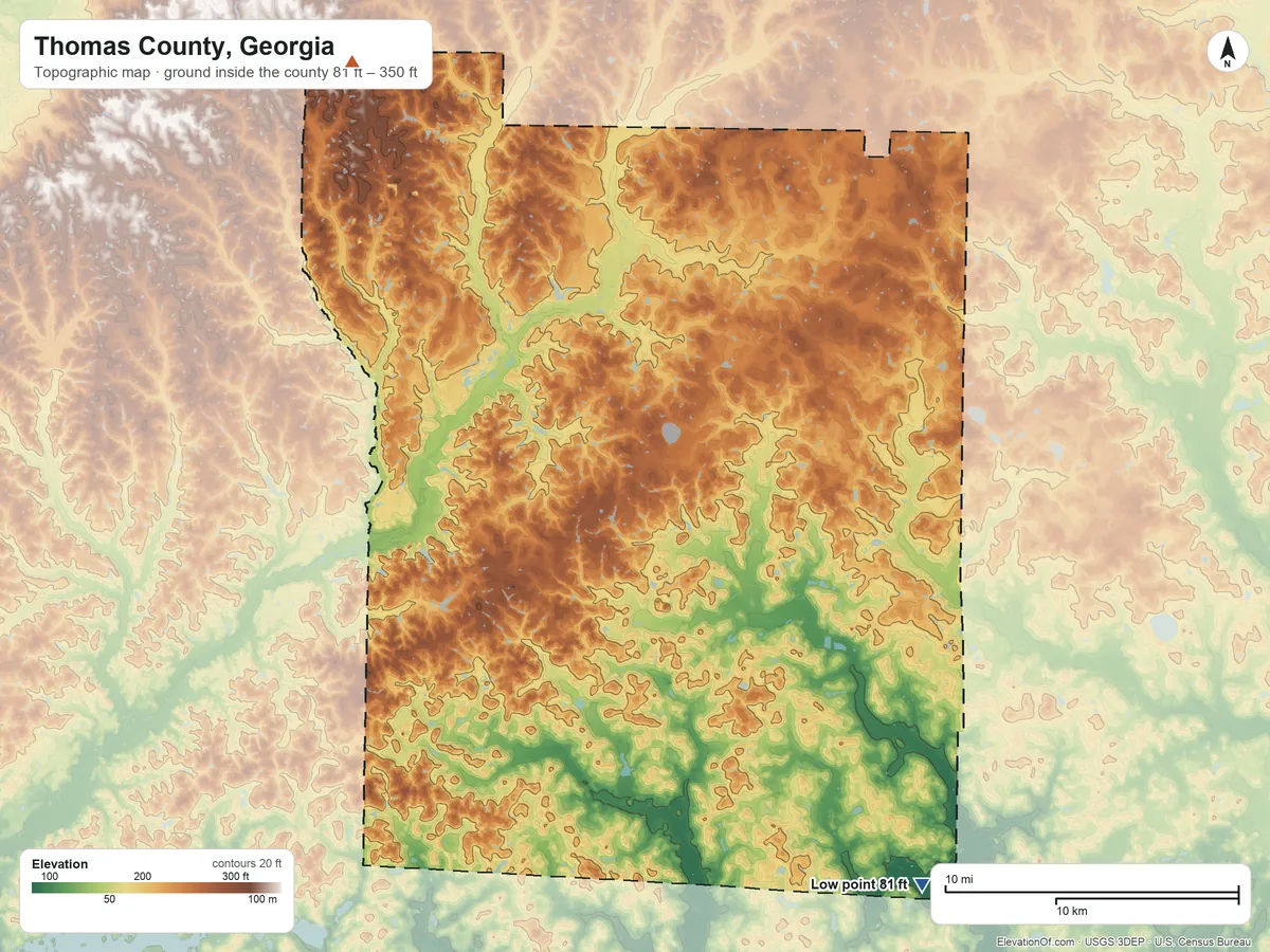 Topographic elevation map of Thomas County, Georgia, shaded from 81 ft on the southeast side to 350 ft on the northwest side