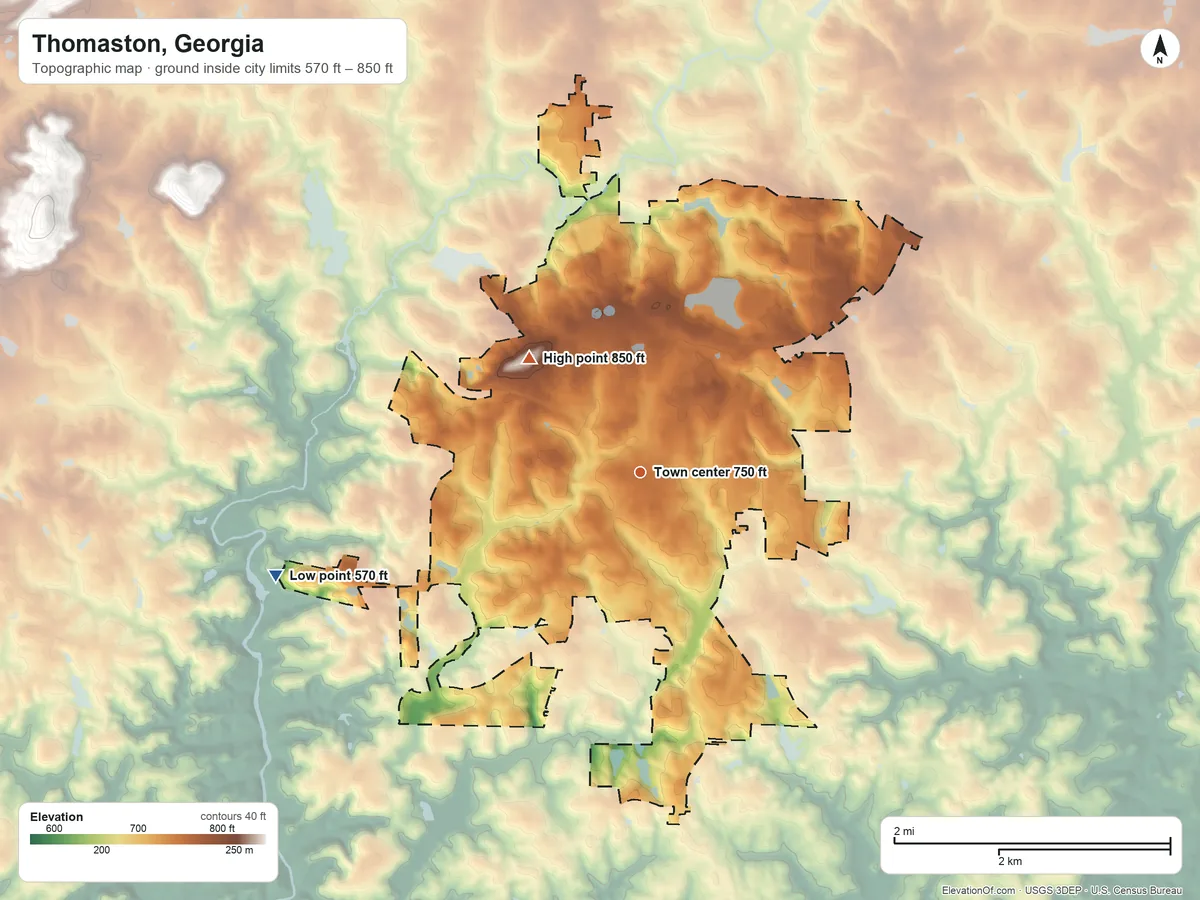 Topographic elevation map of Thomaston, Georgia, shaded from 570 ft on the west side to 850 ft on the northwest side