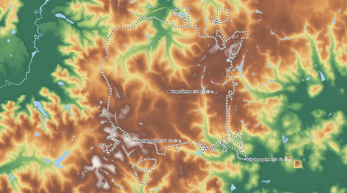 Topographic elevation map of Thomasville, Georgia, shaded from 170 ft on the southeast side to 300 ft on the southwest side
