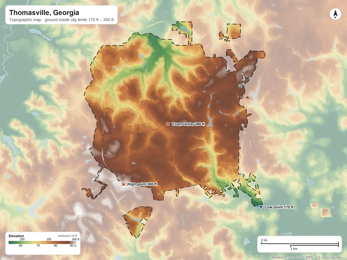 Topographic elevation map of Thomasville, Georgia, shaded from 170 ft on the southeast side to 300 ft on the southwest side