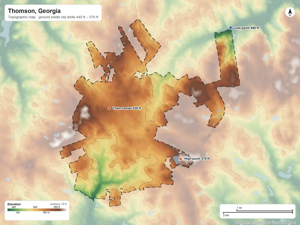 Topographic elevation map of Thomson, Georgia, shaded from 440 ft on the northeast side to 570 ft on the southeast side