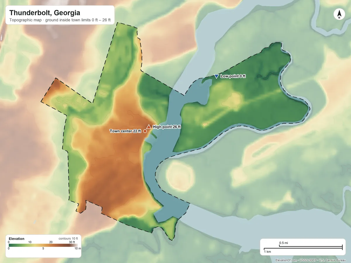 Topographic elevation map of Thunderbolt, Georgia, shaded from 0 ft on the northeast side to 26 ft near the middle