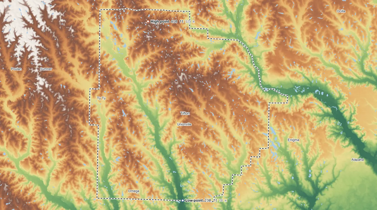 Topographic elevation map of Tift County, Georgia, shaded from 230 ft on the south side to 410 ft on the northwest side