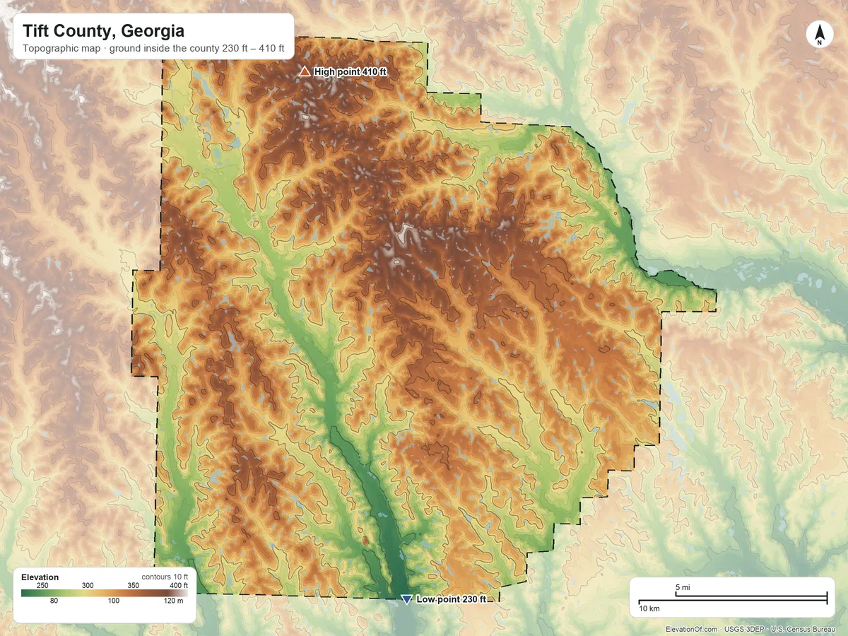 Topographic elevation map of Tift County, Georgia, shaded from 230 ft on the south side to 410 ft on the northwest side