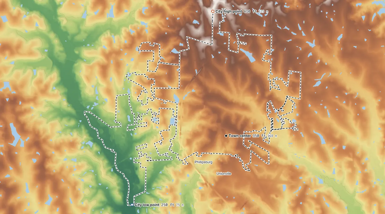 Topographic elevation map of Tifton, Georgia, shaded from 250 ft on the southwest side to 410 ft on the north side