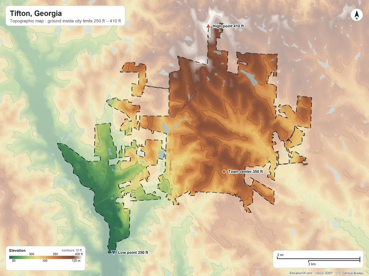 Topographic elevation map of Tifton, Georgia, shaded from 250 ft on the southwest side to 410 ft on the north side
