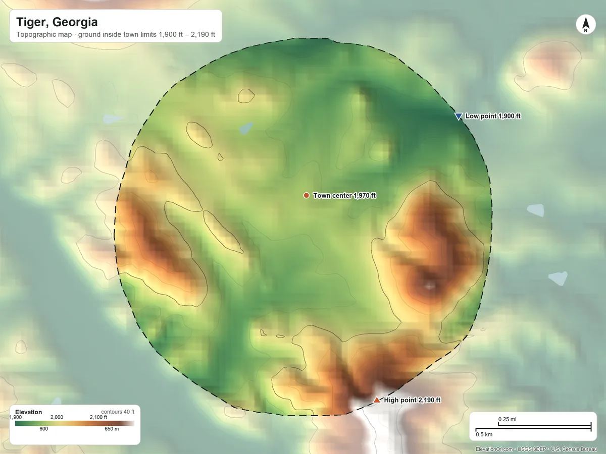 Topographic elevation map of Tiger, Georgia, shaded from 1,900 ft on the northeast side to 2,190 ft on the south edge, below higher ground just outside