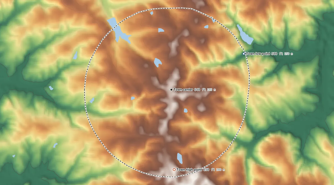 Topographic elevation map of Tignall, Georgia, shaded from 500 ft on the northeast side to 650 ft on the south side